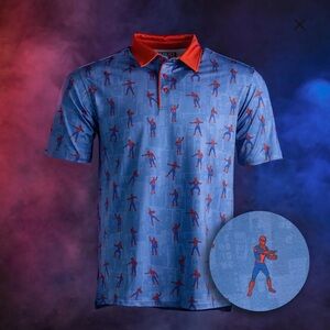 RSVLTS NWT Marvel Spiderman Meme Medium Men’s Short Sleeve Golf Performance Polo